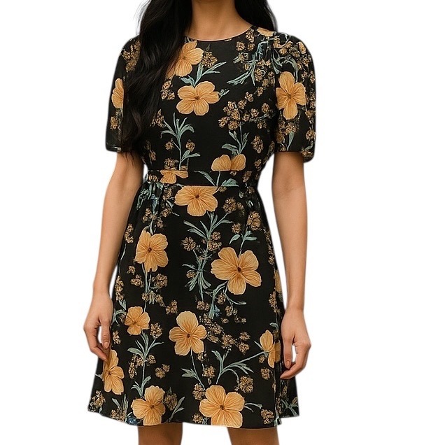 Hayden La Boot Barn Womens Floral Midi Dress Black Yellow Short Sleeve Sz L Nwt